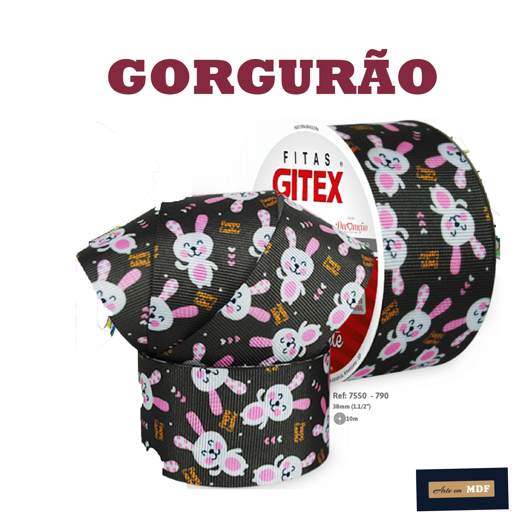 FITA REF 7550/9 -10 MTS - PASCOA GORG HD 790 - COELHO BRANCO E ROSA COM CORACOESZINHOS FUNDO MARROM