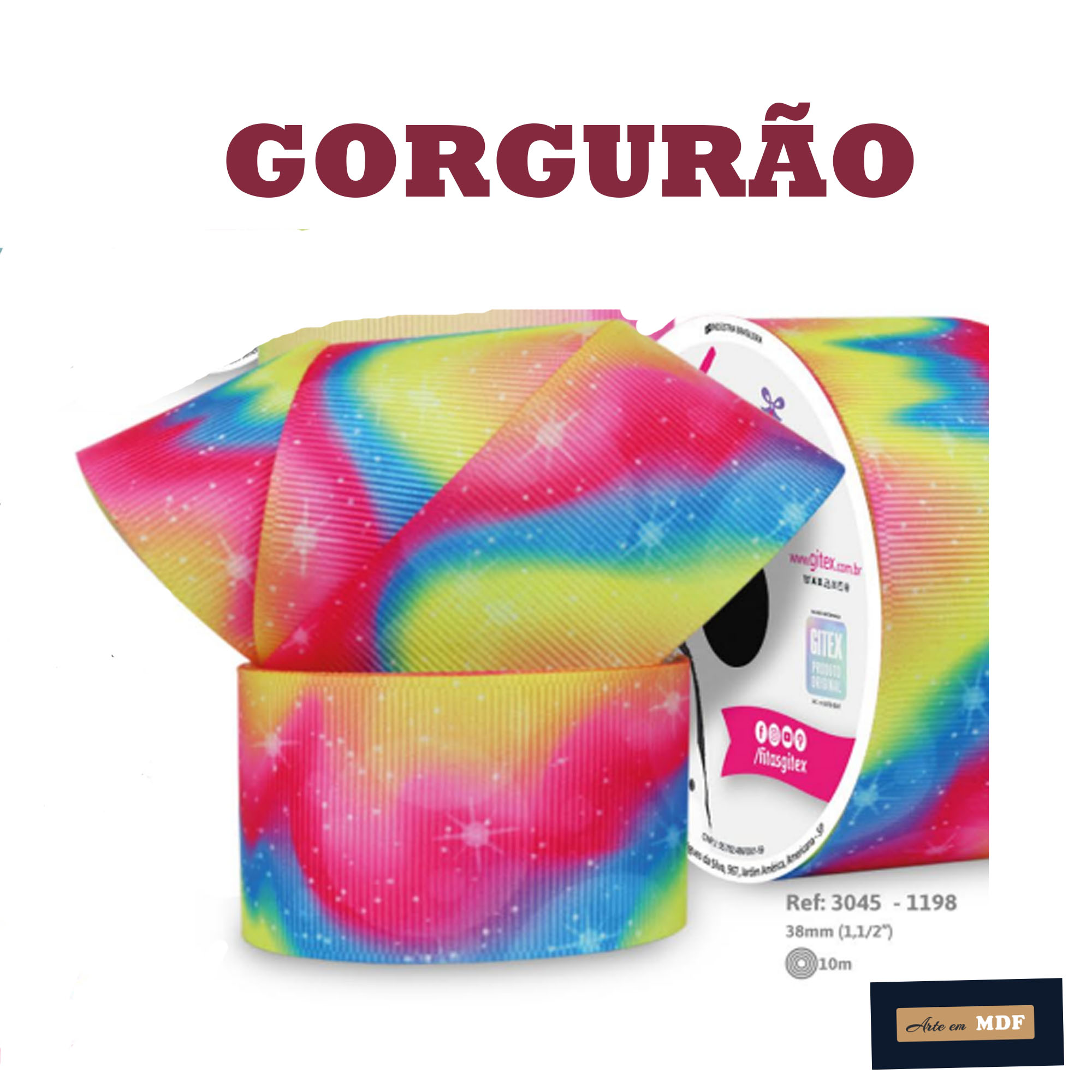 FITA REF 3045/9 -RL-10MTS-38mm-GORG LACO&MANIA HD 1198 - TIE DYE ARCO-IRIS COM ESTRELAS E PONTINHOS BRANCO